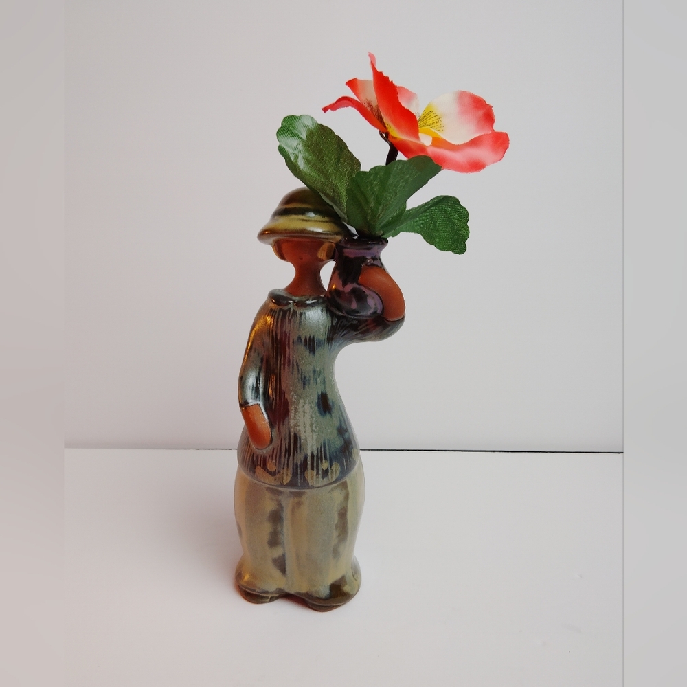Vintage UCTCI Japanese Stoneware Figurine Woman Girl Flower Bud Vase 6.5"